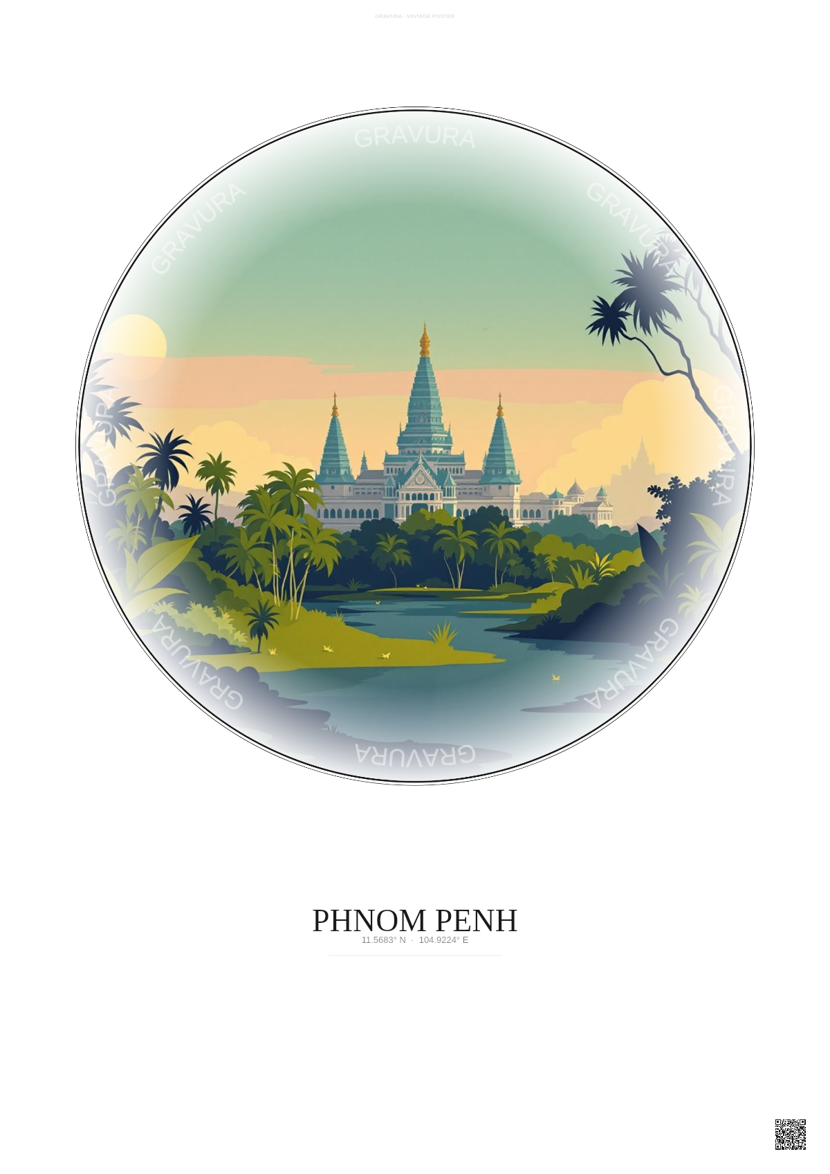 Affiche Phnom Penh – Poster illustration vintage – Phnom Penh | Gravura – Fond clair