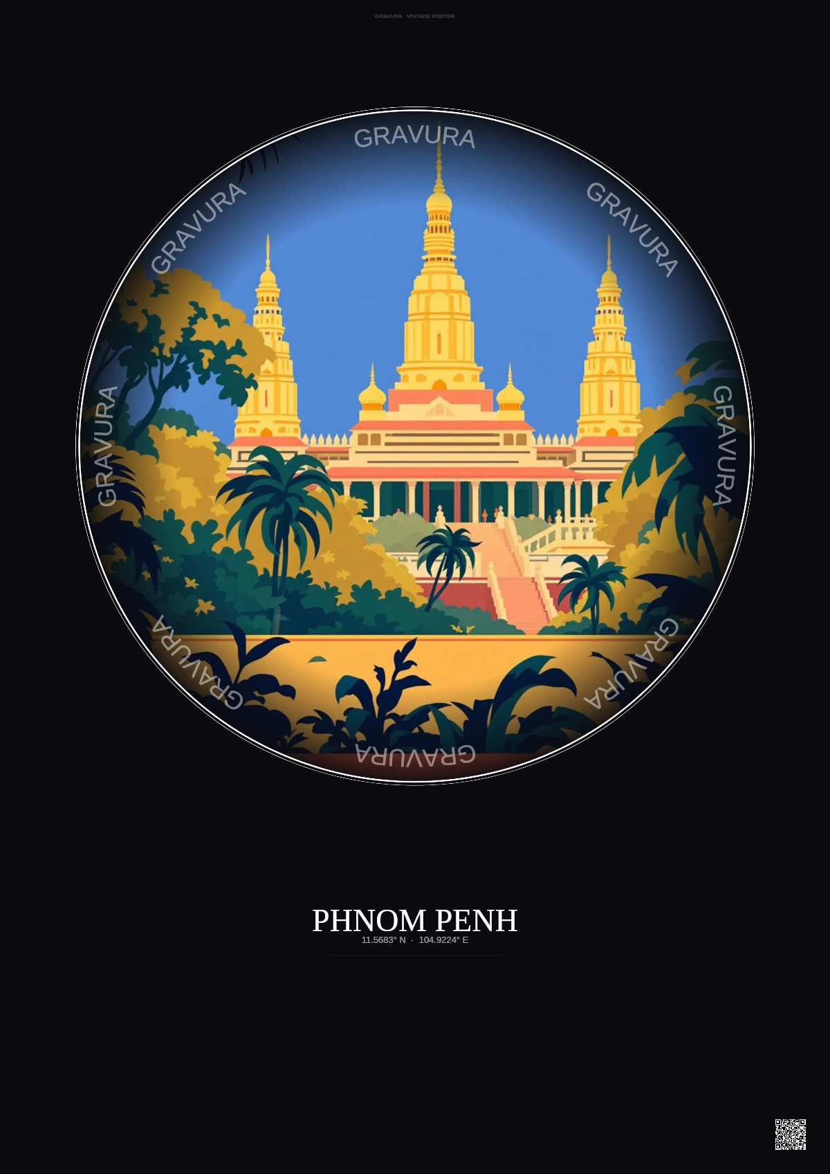 Affiche Phnom Penh – Poster illustration vintage – Royal Palace | Gravura – Fond foncé