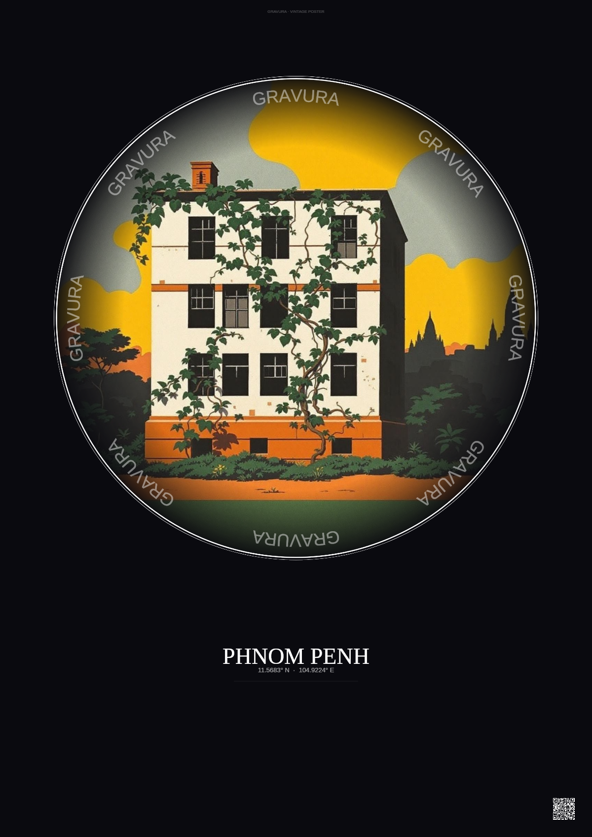 Affiche Phnom Penh – Poster illustration vintage – Tuol Sleng Torture Center | Gravura – Fond foncé