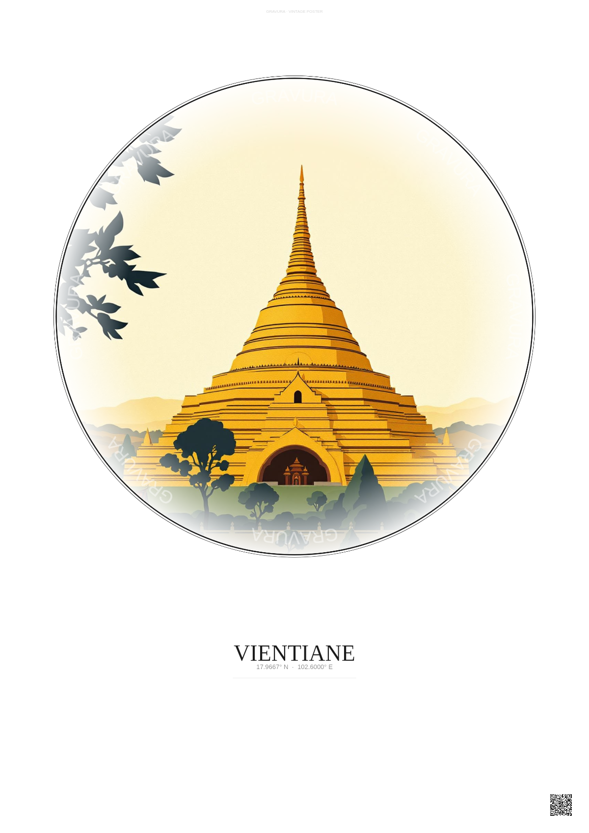 Affiche Vientiane – Poster illustration vintage – Pha That Luang | Gravura – Fond clair