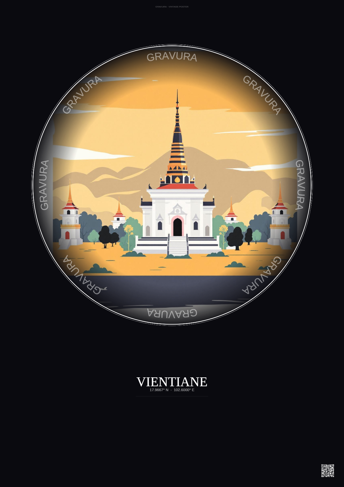 Affiche Vientiane – Poster illustration vintage – Wat Si Muang | Gravura – Fond foncé