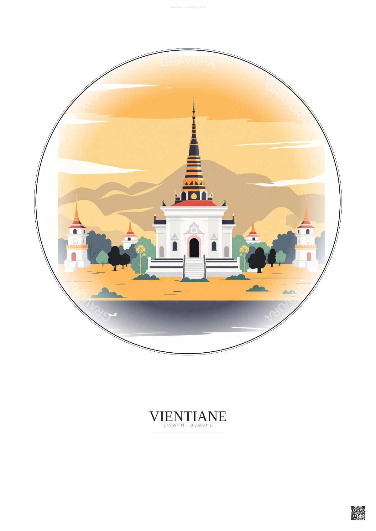 Affiche Vientiane – Poster illustration vintage – Wat Si Muang | Gravura – Fond clair