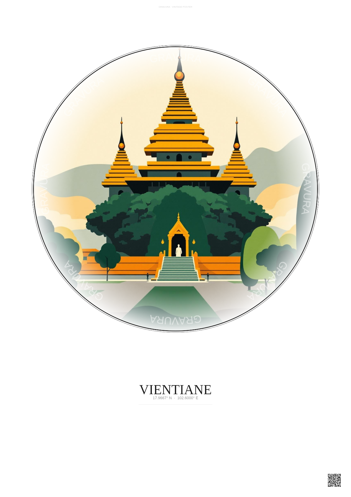 Affiche Vientiane – Poster illustration vintage – Wat Si Saket | Gravura – Fond clair