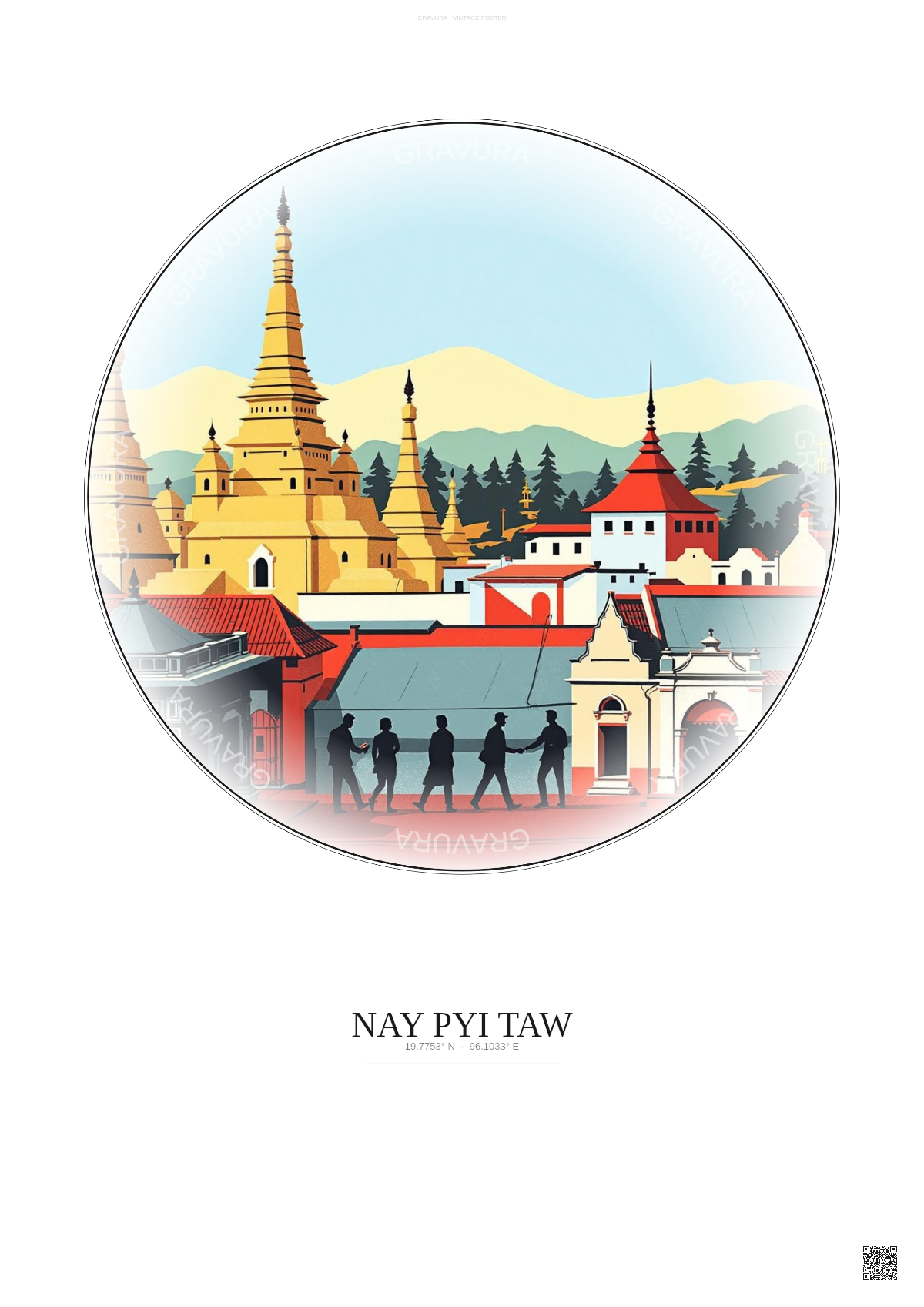Affiche Nay Pyi Taw – Poster illustration vintage – Historic Old Town Of Nay Pyi Taw | Gravura – Fond clair