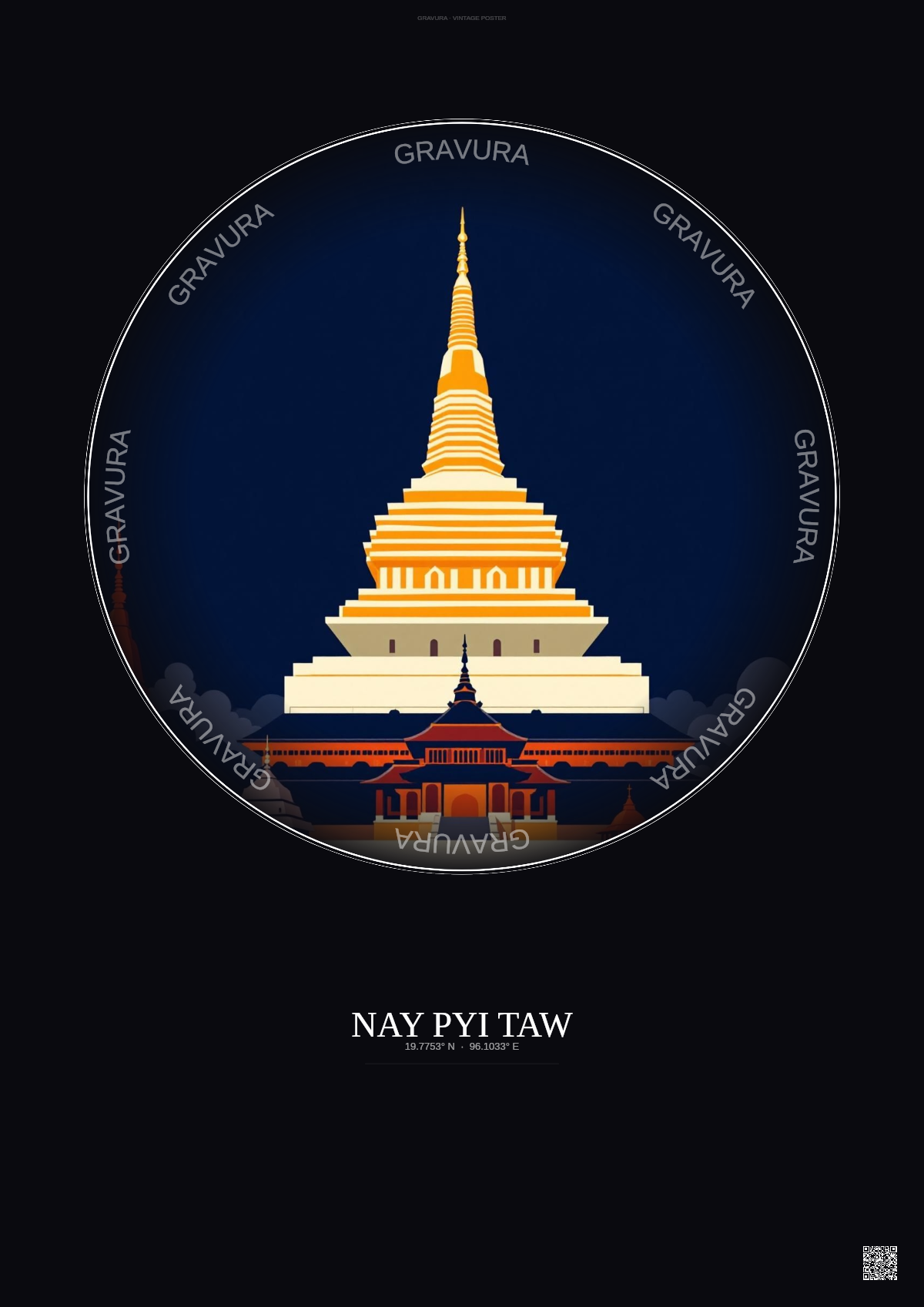 Affiche Nay Pyi Taw – Poster illustration vintage – Most Iconic Landmark Of Nay Pyi Taw | Gravura – Fond foncé