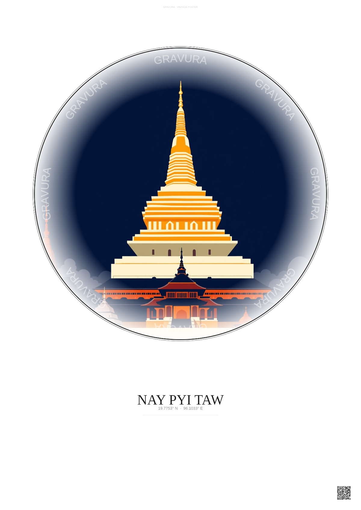 Affiche Nay Pyi Taw – Poster illustration vintage – Most Iconic Landmark Of Nay Pyi Taw | Gravura – Fond clair
