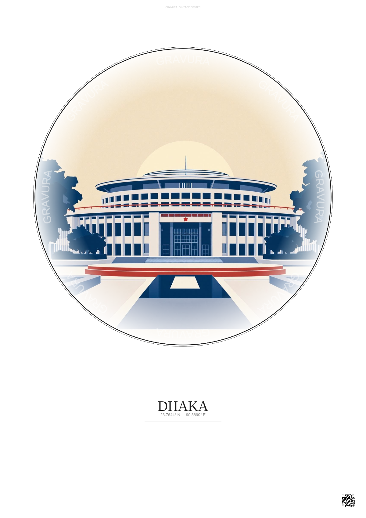 Affiche Dhaka – Poster illustration vintage – Jatiya Sangsad Bhaban | Gravura – Fond clair