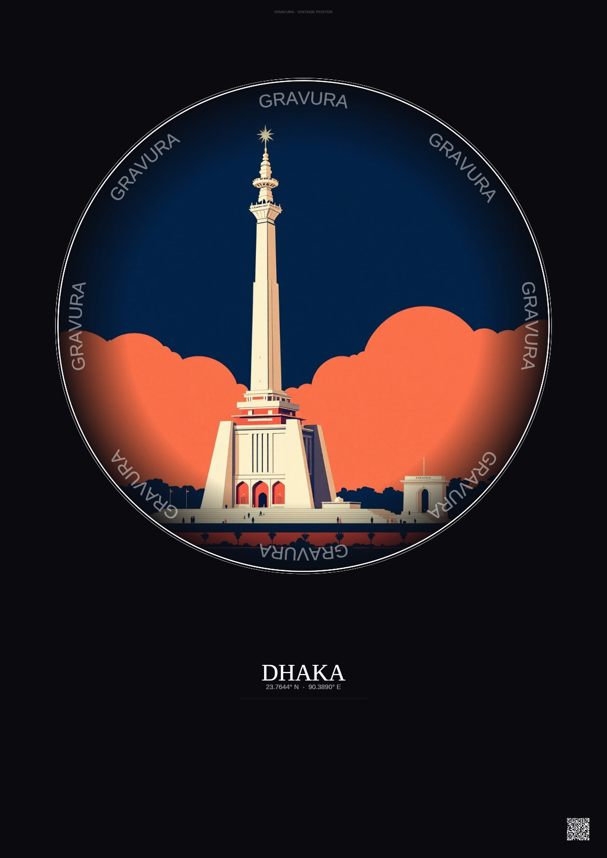 Affiche Dhaka – Poster illustration vintage – Shaheed Minar | Gravura – Fond foncé