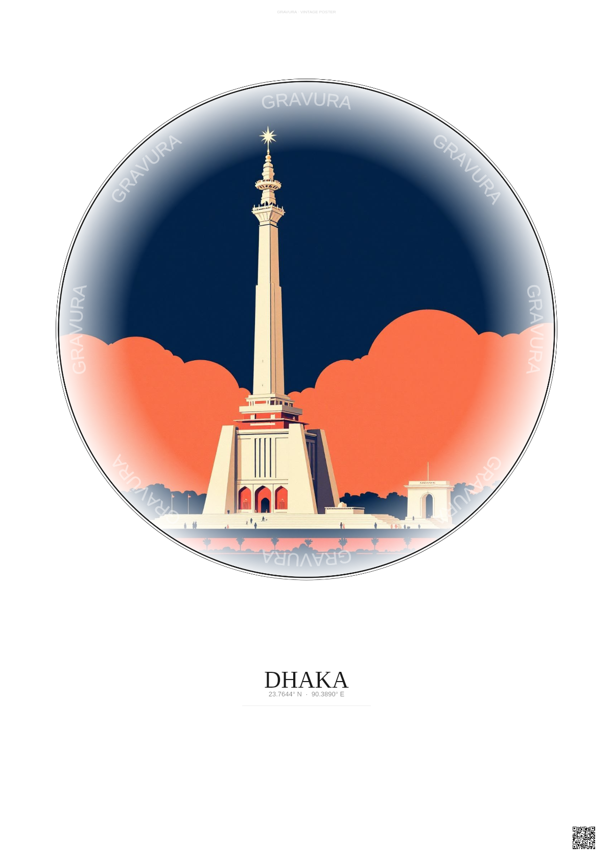 Affiche Dhaka – Poster illustration vintage – Shaheed Minar | Gravura – Fond clair