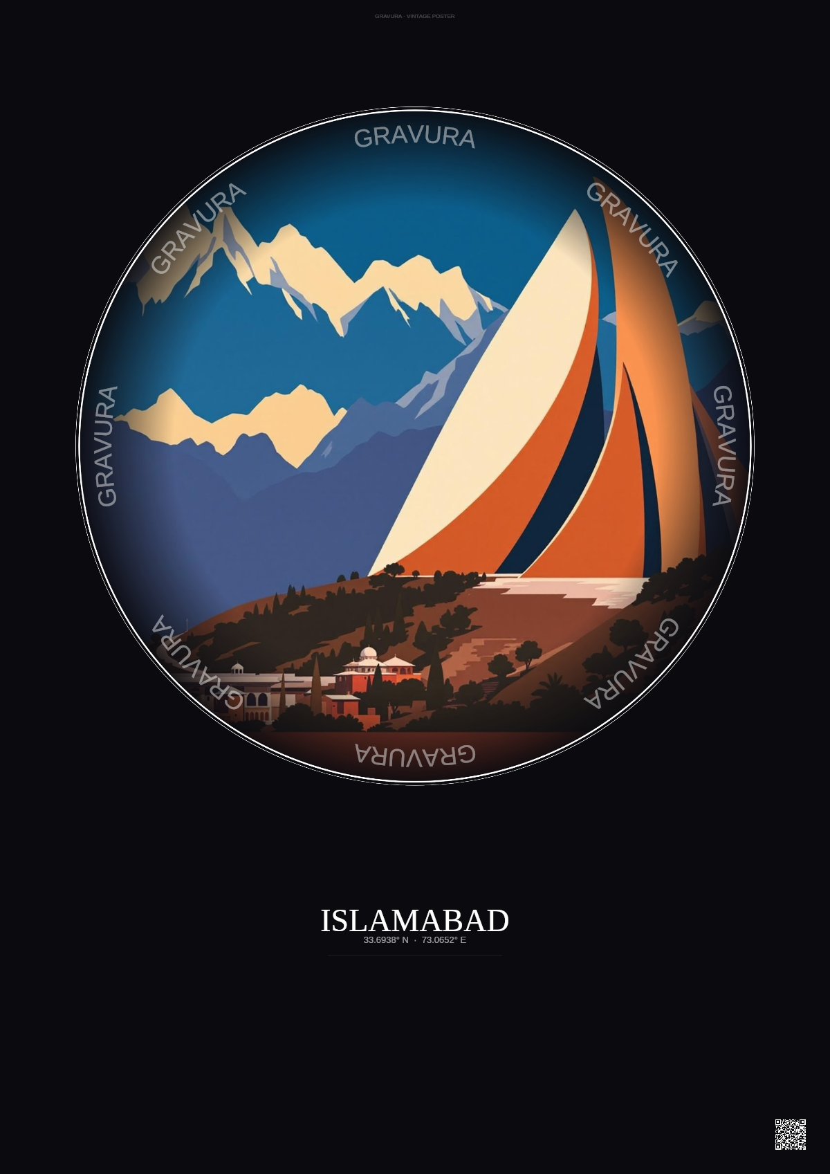 Affiche Islamabad – Poster illustration vintage – Pakistan Monument | Gravura – Fond foncé