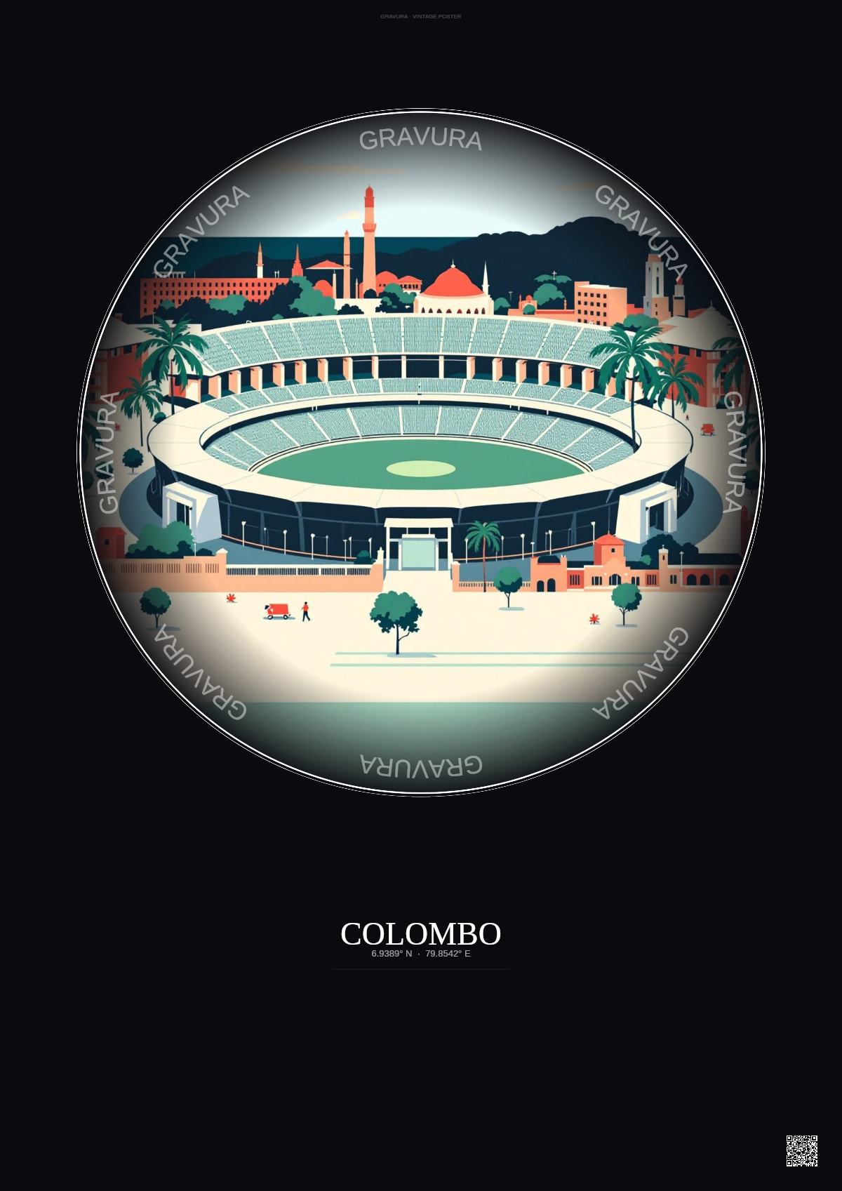 Affiche Colombo – Poster illustration vintage – R Premadasa Stadium | Gravura – Fond foncé