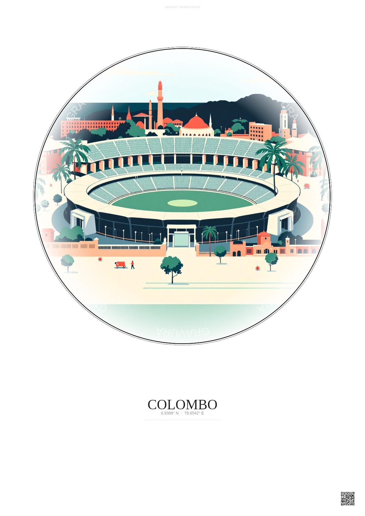 Affiche Colombo – Poster illustration vintage – R Premadasa Stadium | Gravura – Fond clair