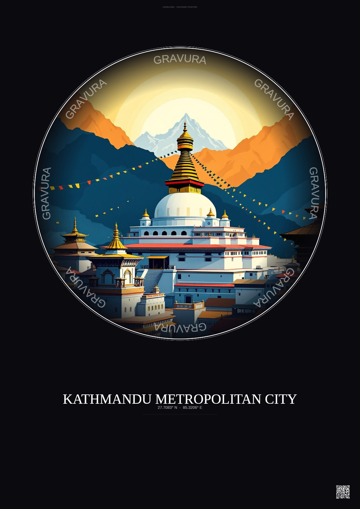 Affiche Kathmandu Metropolitan City – Poster illustration vintage – Famous Viewpoint Of Kathmandu Metropolitan City | Gravura – Fond foncé