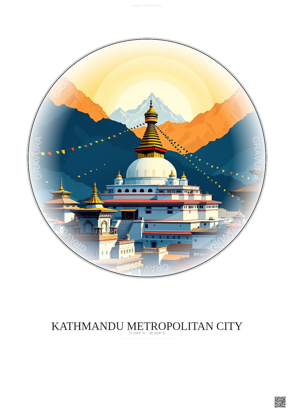 Affiche Kathmandu Metropolitan City – Poster illustration vintage – Famous Viewpoint Of Kathmandu Metropolitan City | Gravura – Fond clair