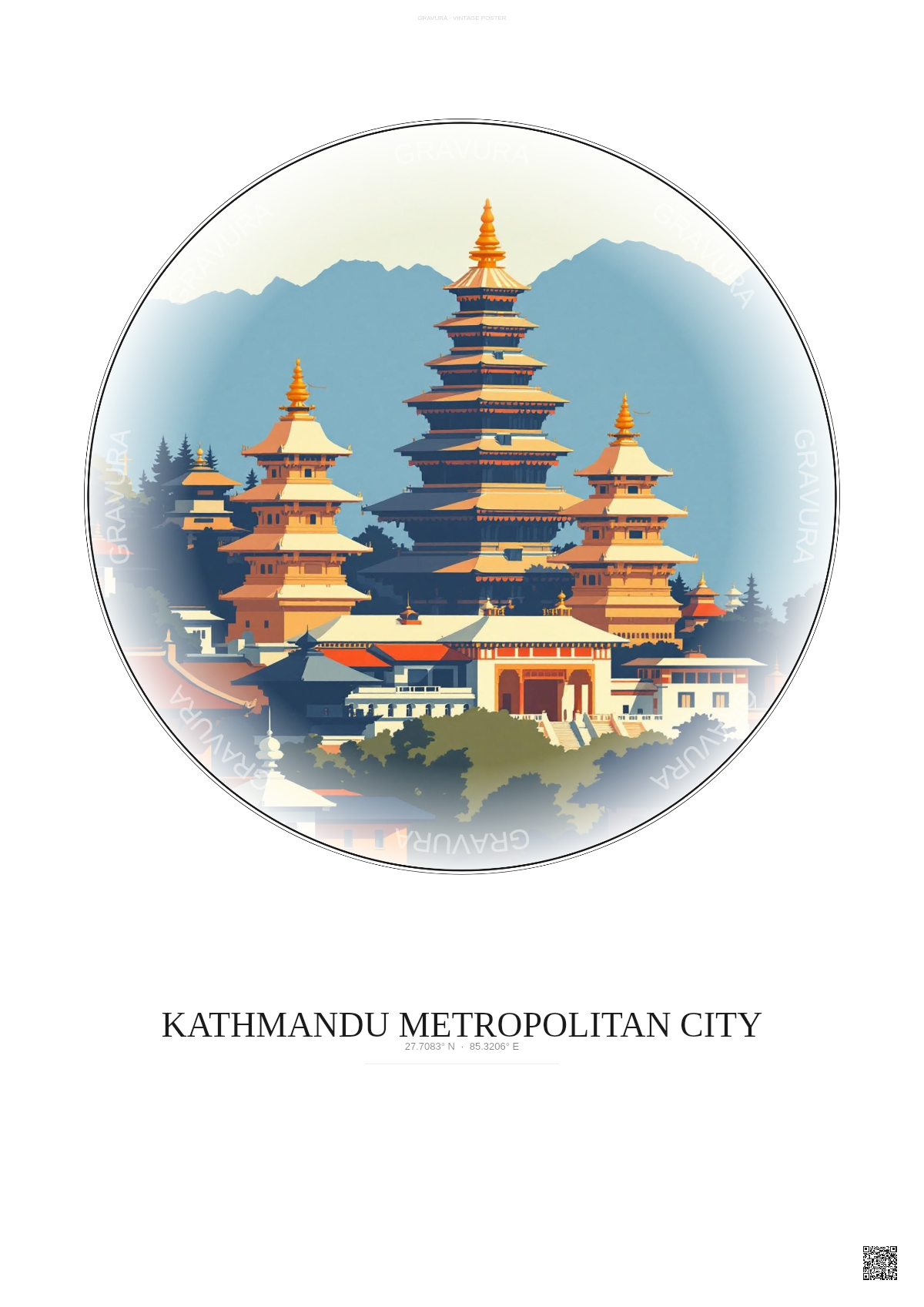 Affiche Kathmandu Metropolitan City – Poster illustration vintage – Historic Old Town Of Kathmandu Metropolitan City | Gravura – Fond clair
