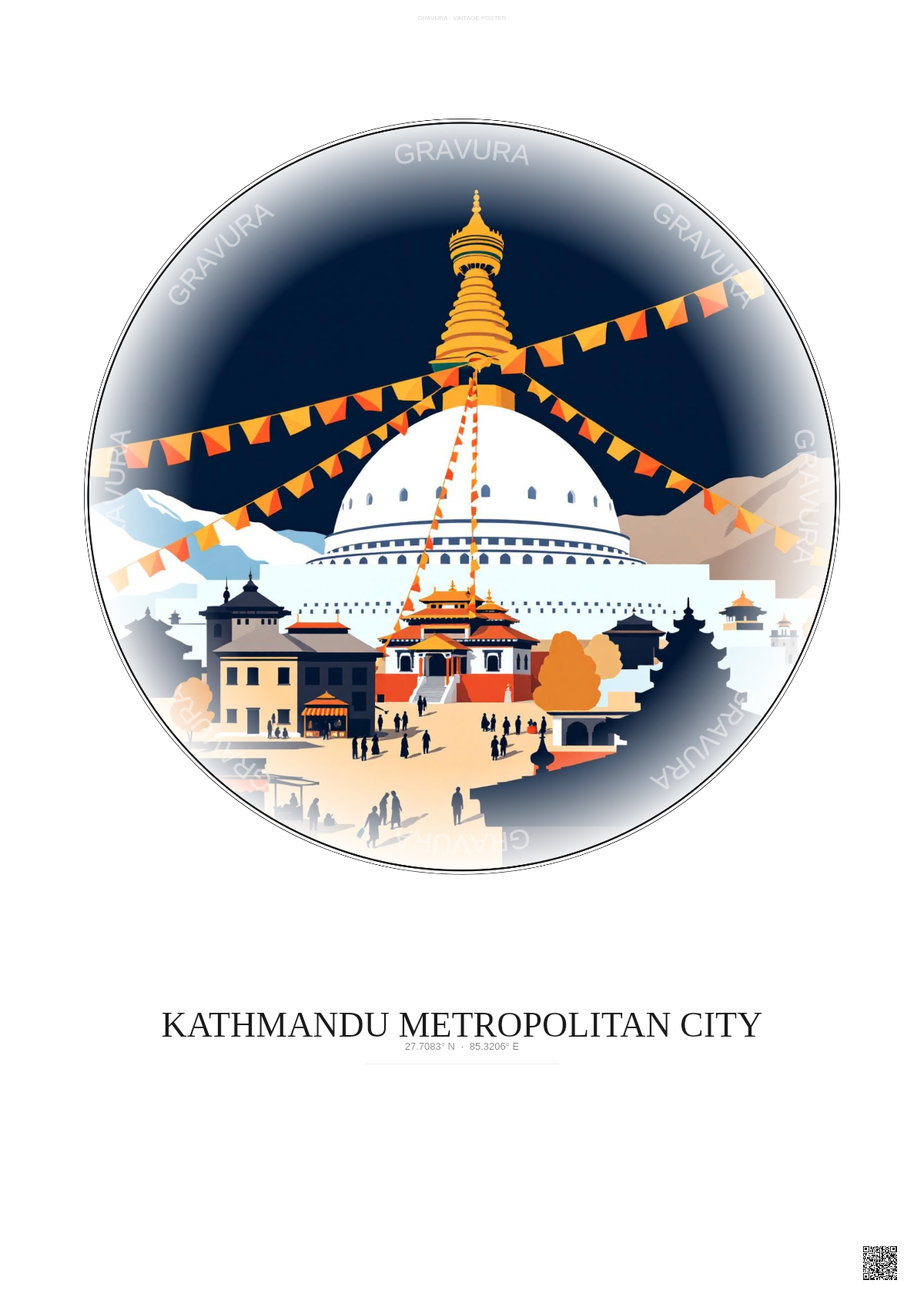 Affiche Kathmandu Metropolitan City – Poster illustration vintage – Most Iconic Landmark Of Kathmandu Metropolitan City | Gravura – Fond clair