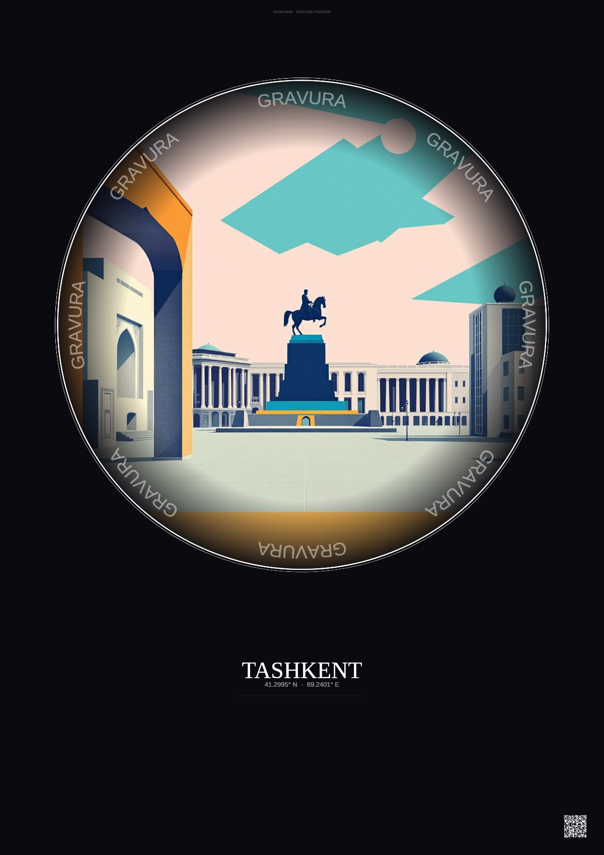 Affiche Tashkent – Poster illustration vintage – Amir Timur Square | Gravura – Fond foncé