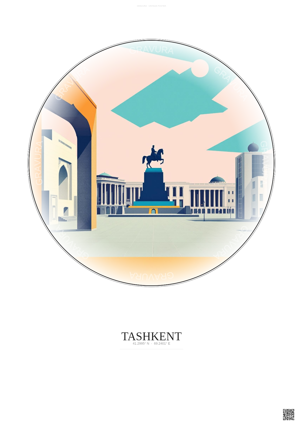 Affiche Tashkent – Poster illustration vintage – Amir Timur Square | Gravura – Fond clair