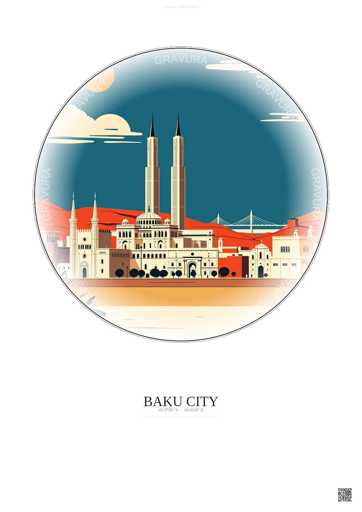 Affiche Baku City – Poster illustration vintage – Famous Viewpoint Of Baku City | Gravura – Fond clair