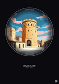 Affiche Baku City – Poster illustration vintage – Historic Old Town Of Baku City | Gravura – Fond foncé