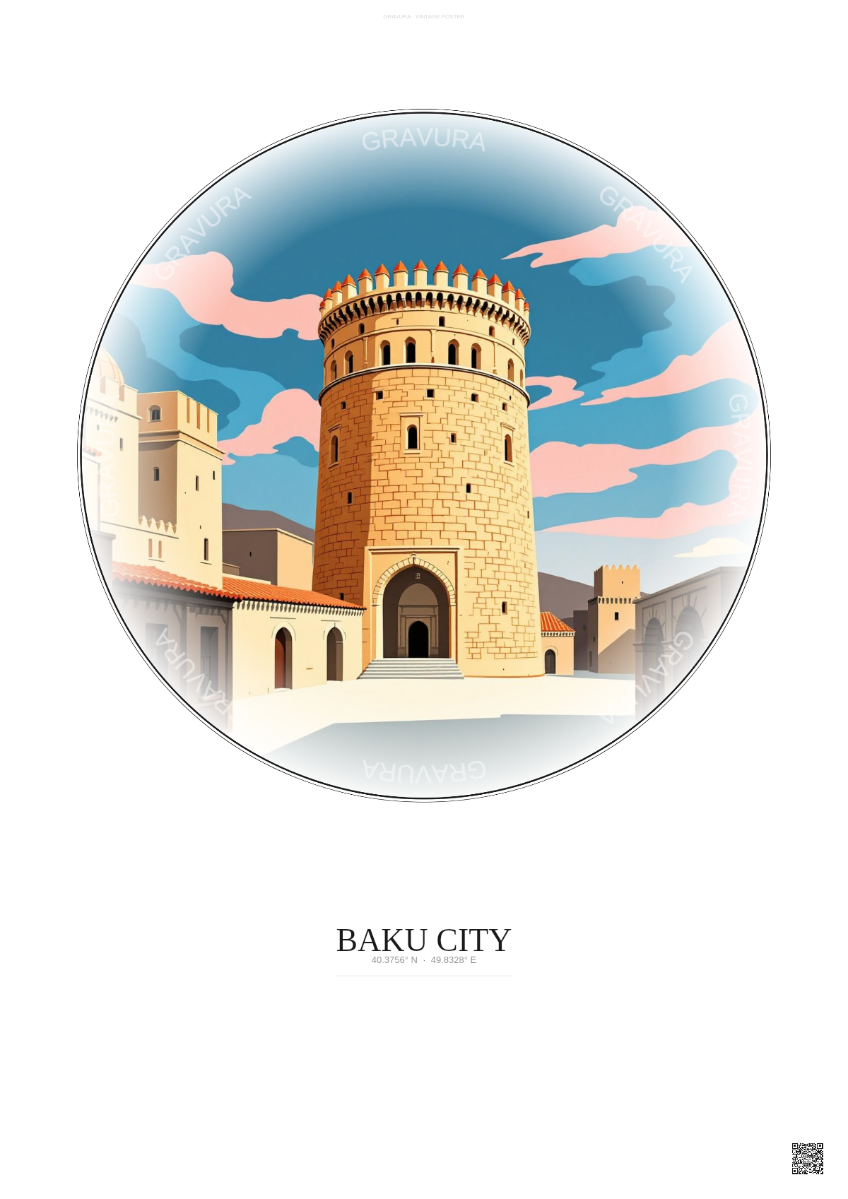 Affiche Baku City – Poster illustration vintage – Historic Old Town Of Baku City | Gravura – Fond clair
