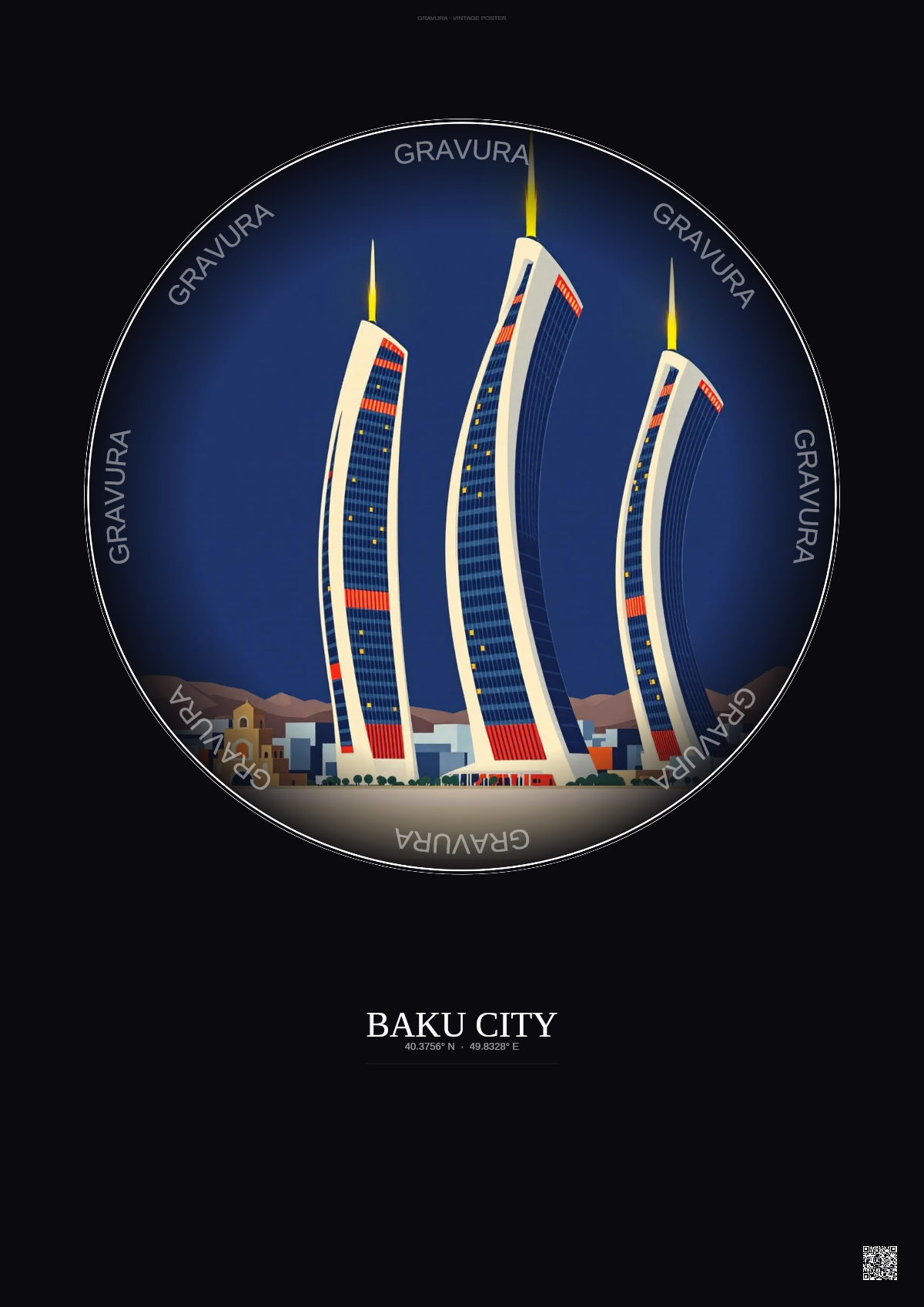 Affiche Baku City – Poster illustration vintage – Most Iconic Landmark Of Baku City | Gravura – Fond foncé