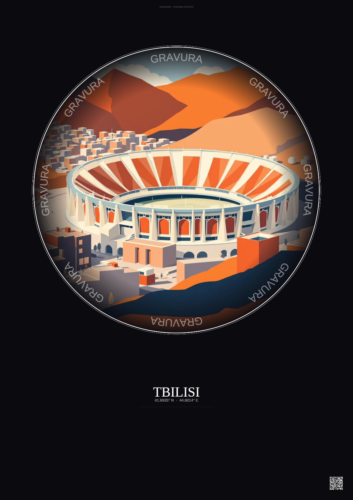 Affiche Tbilisi – Poster illustration vintage – Dinamo Arena | Gravura – Fond foncé