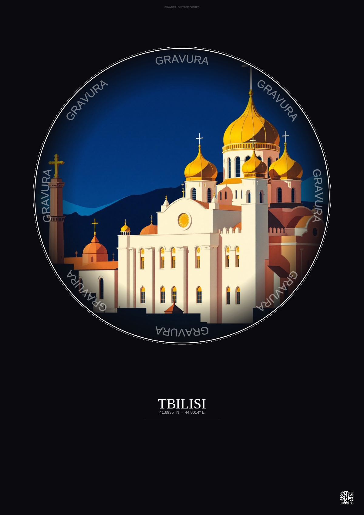 Affiche Tbilisi – Poster illustration vintage – Holy Trinity Cathedral Of Tbilisi | Gravura – Fond foncé