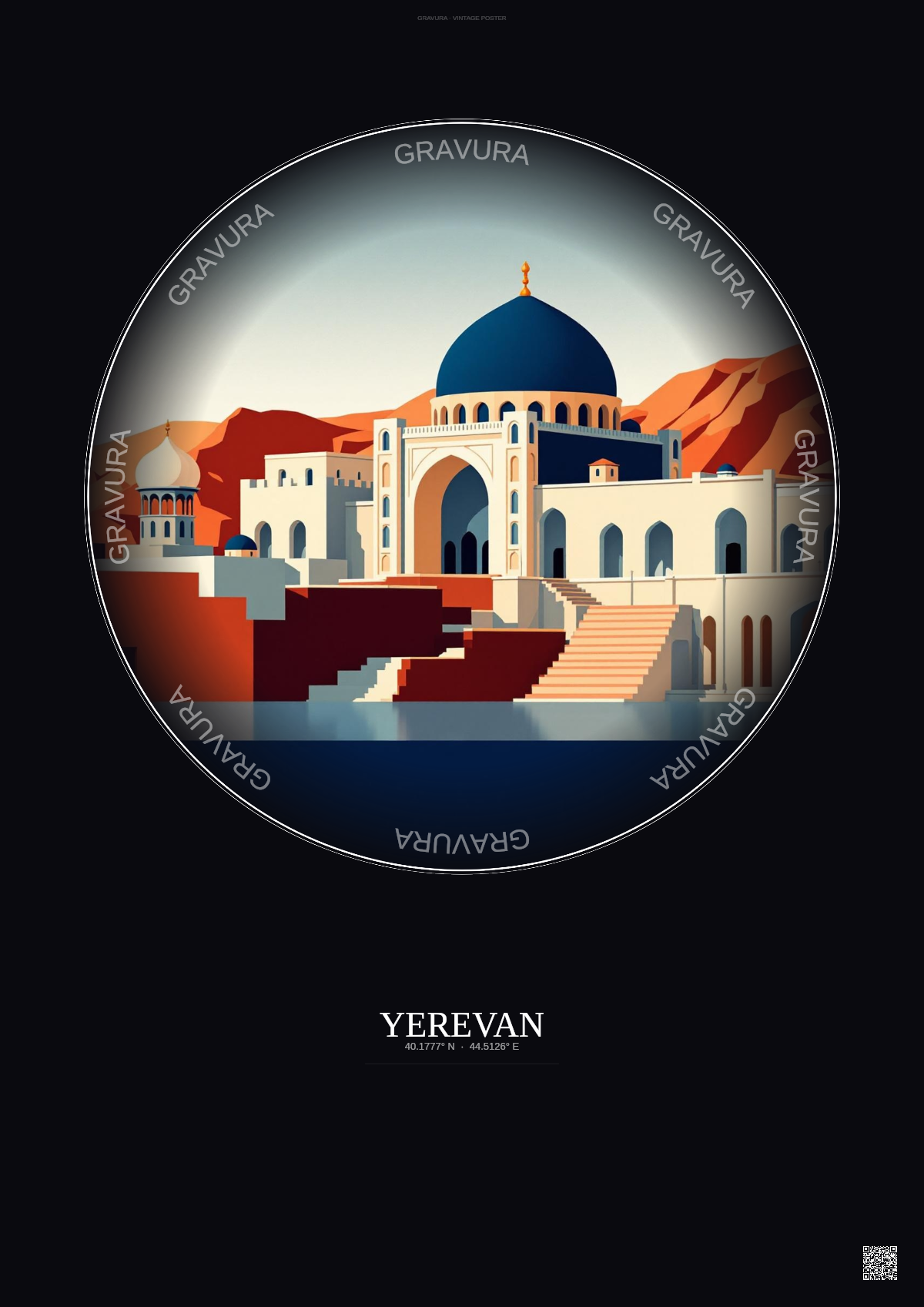 Affiche Yerevan – Poster illustration vintage – Blue Mosque | Gravura – Fond foncé