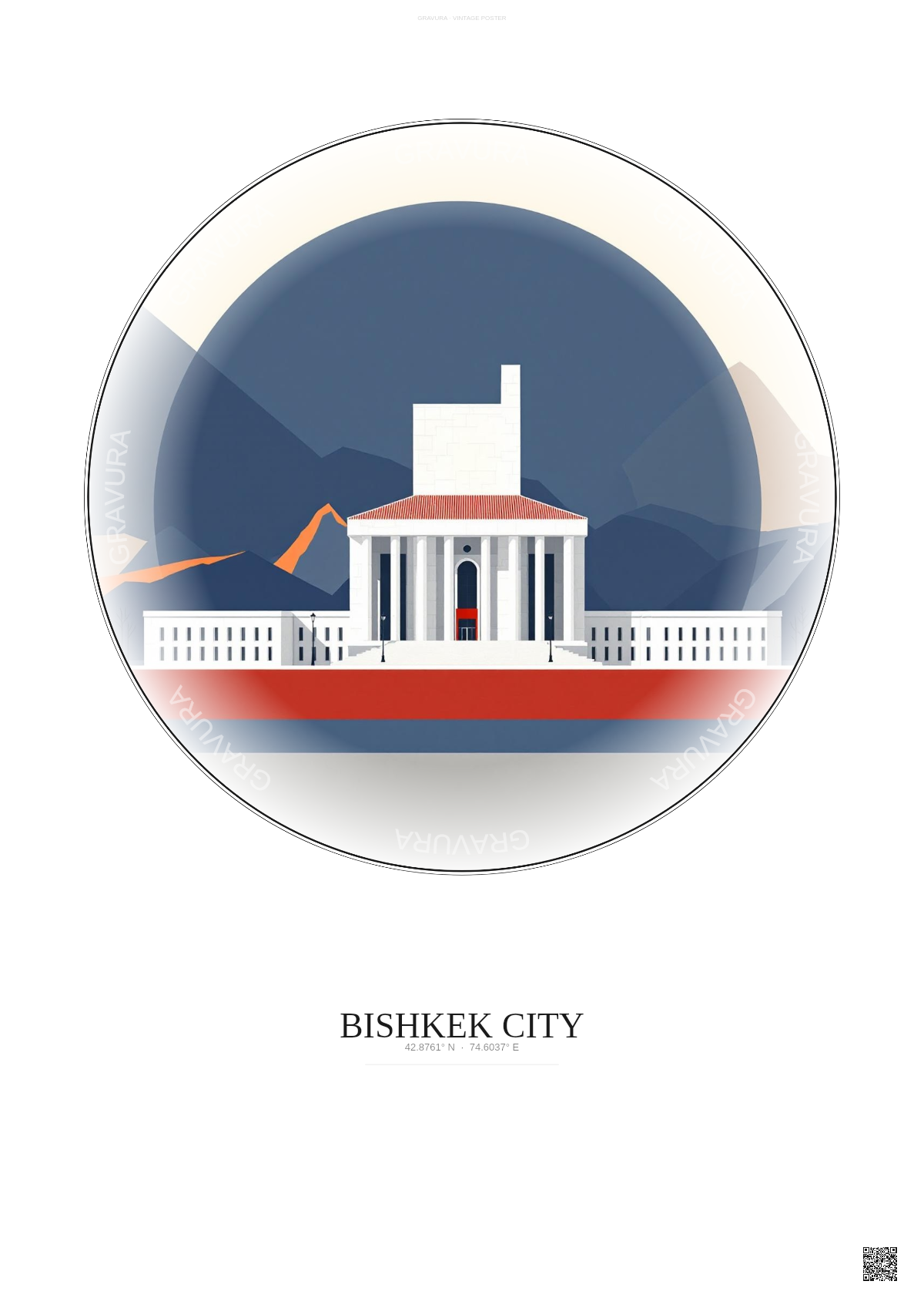 Affiche Bishkek City – Poster illustration vintage – Famous Viewpoint Of Bishkek City | Gravura – Fond clair