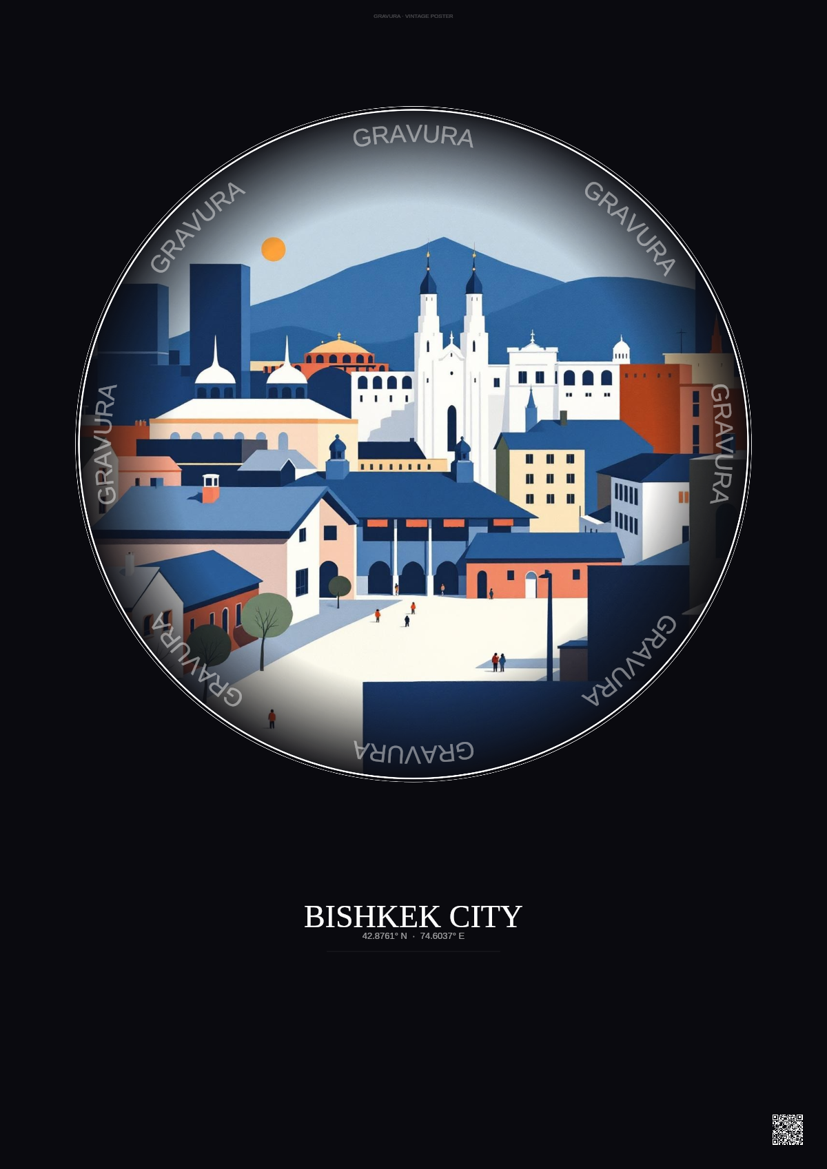 Affiche Bishkek City – Poster illustration vintage – Historic Old Town Of Bishkek City | Gravura – Fond foncé