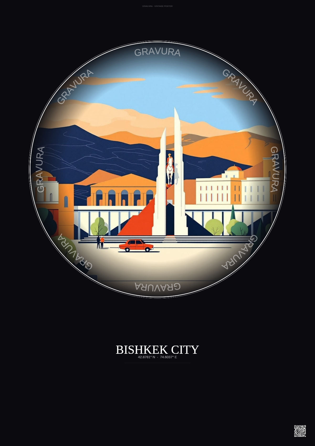 Affiche Bishkek City – Poster illustration vintage – Most Iconic Landmark Of Bishkek City | Gravura – Fond foncé