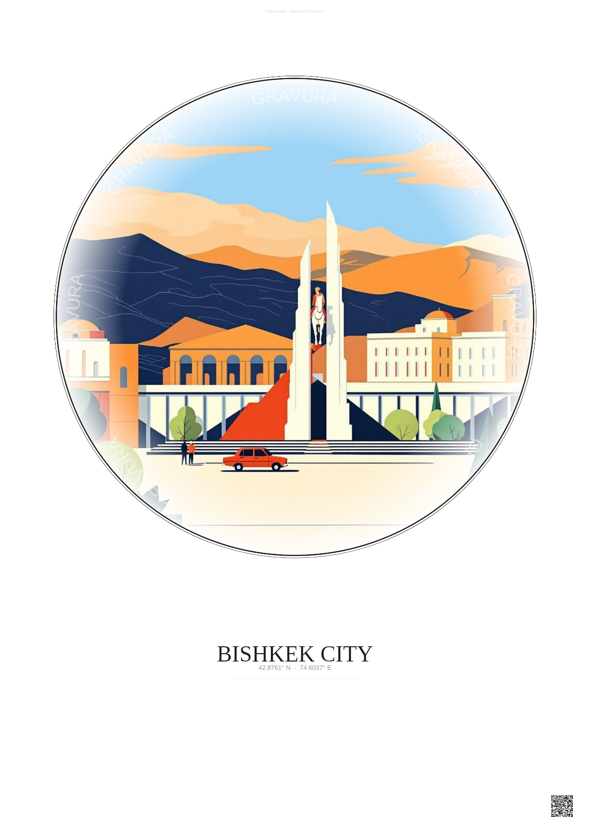 Affiche Bishkek City – Poster illustration vintage – Most Iconic Landmark Of Bishkek City | Gravura – Fond clair