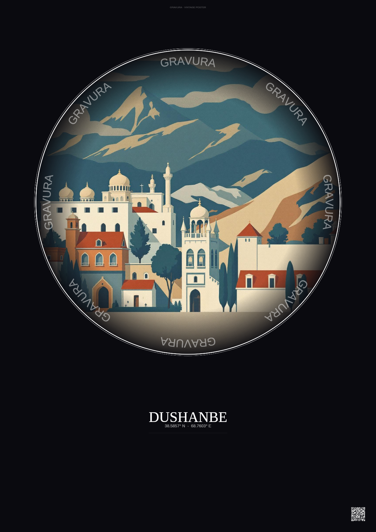 Affiche Dushanbe – Poster illustration vintage – Dushanbe | Gravura – Fond foncé