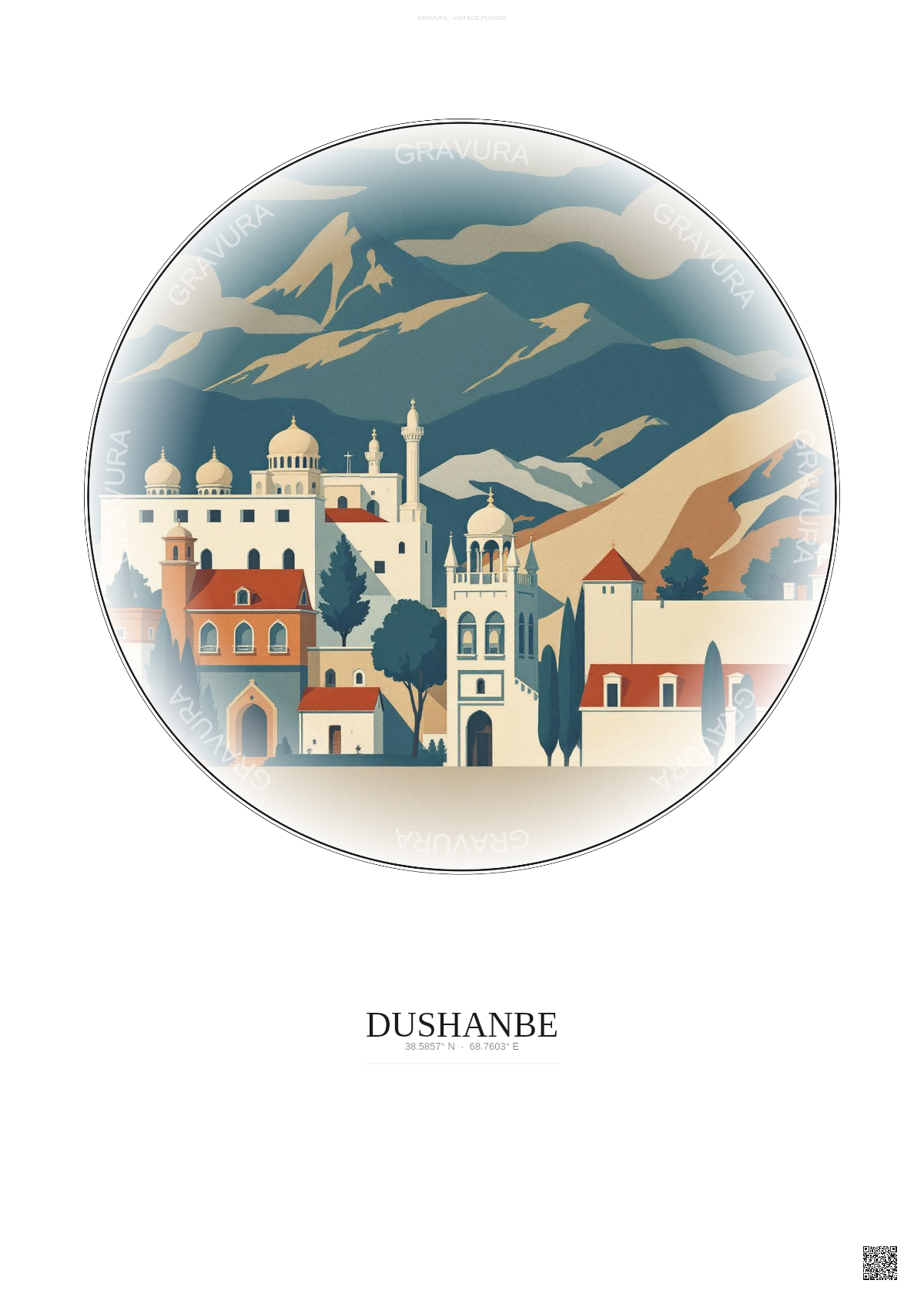 Affiche Dushanbe – Poster illustration vintage – Dushanbe | Gravura – Fond clair