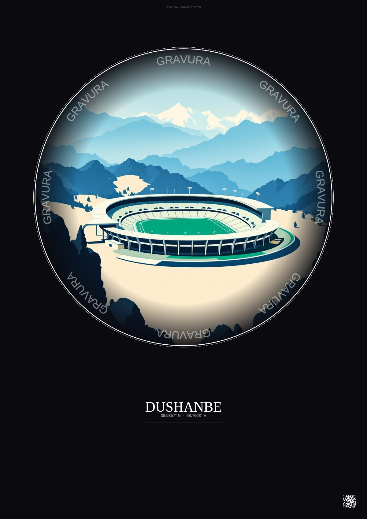 Affiche Dushanbe – Poster illustration vintage – Pamir Stadium | Gravura – Fond foncé