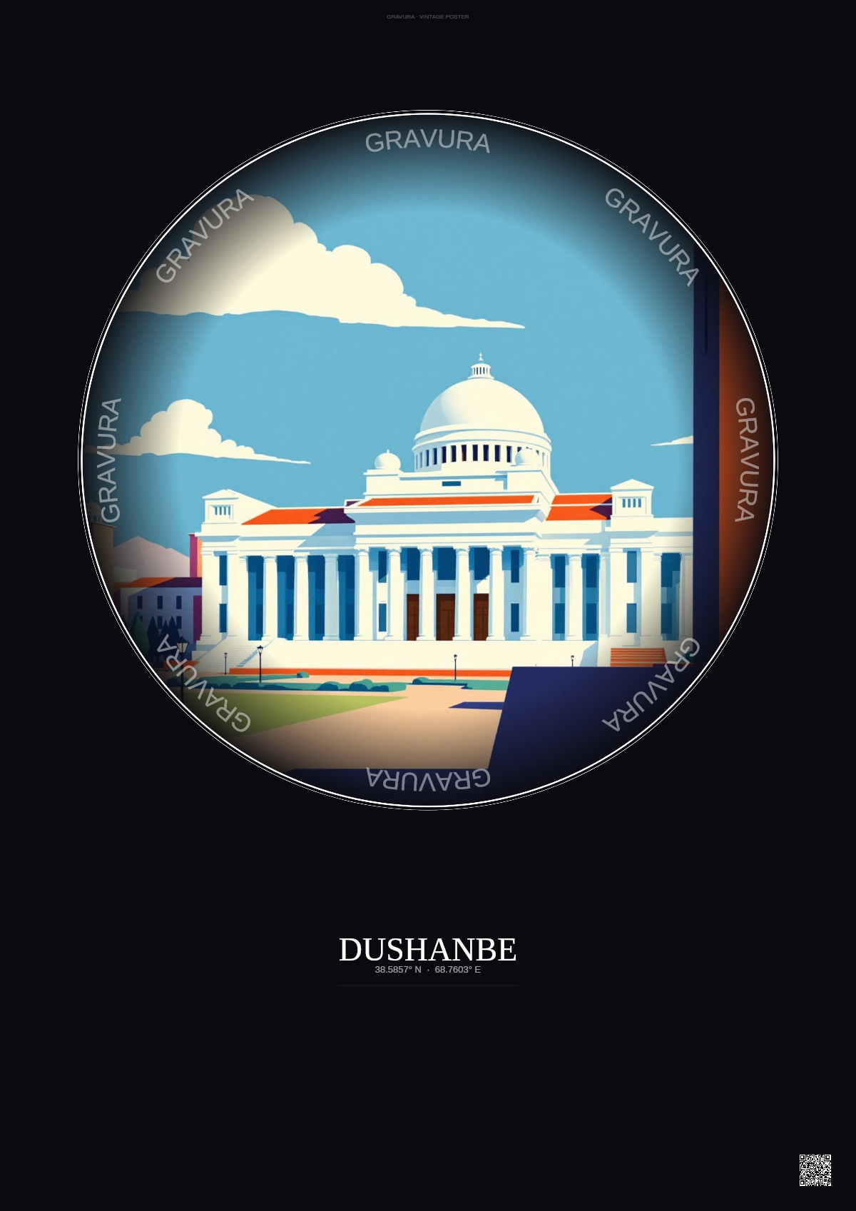 Affiche Dushanbe – Poster illustration vintage – Tajikistan National Museum | Gravura – Fond foncé
