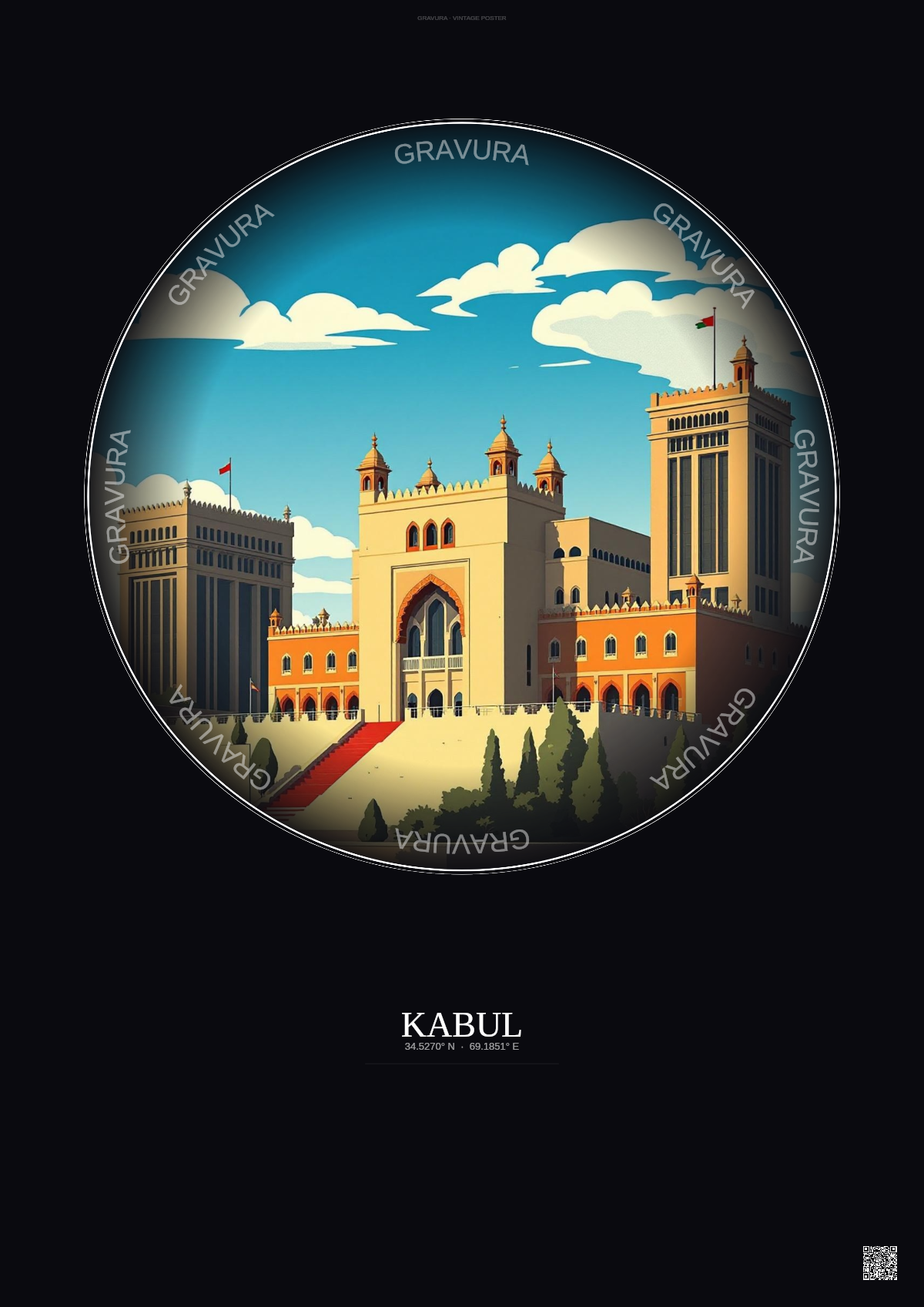 Affiche Kabul – Poster illustration vintage – Darul Aman Palace | Gravura – Fond foncé