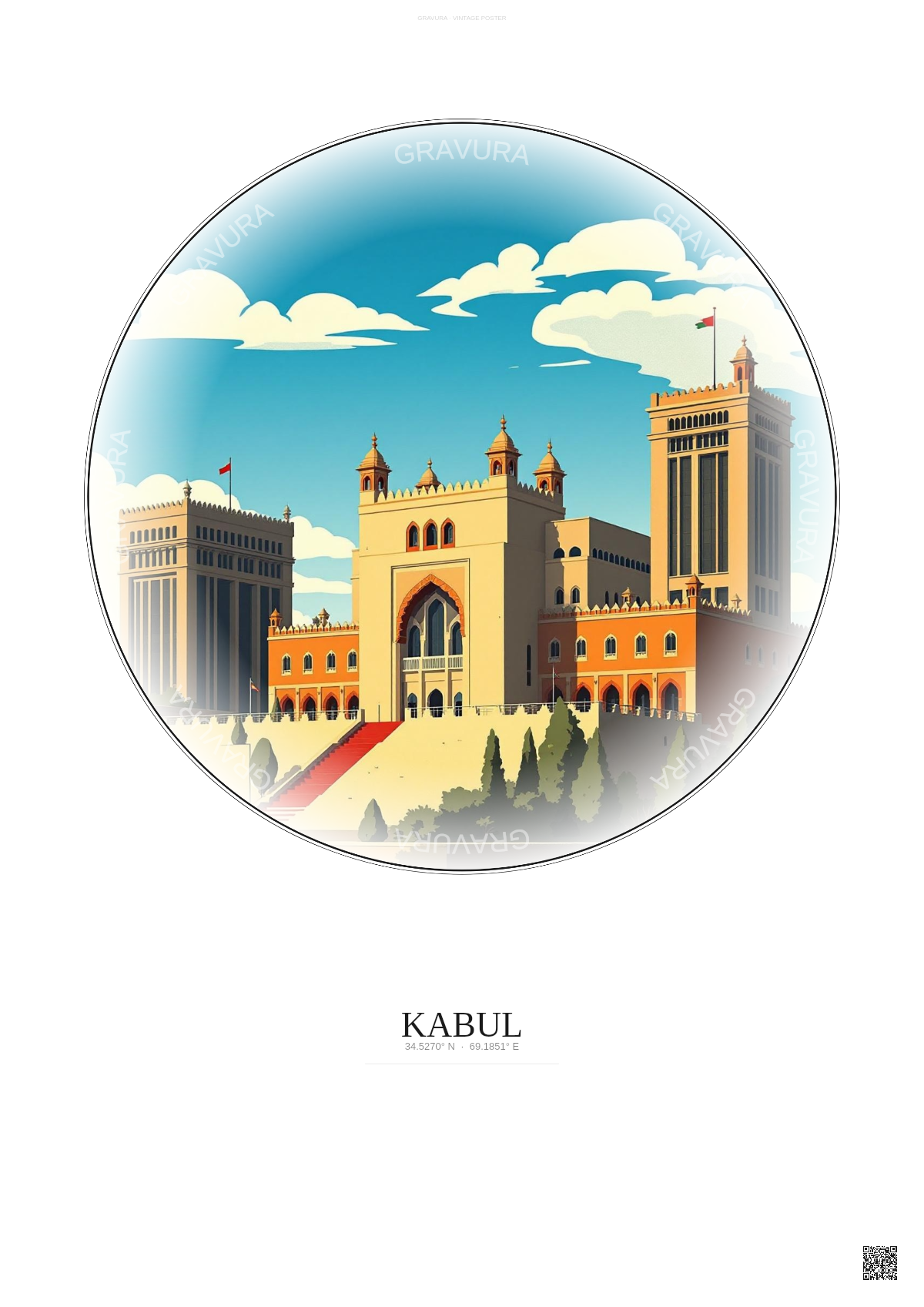 Affiche Kabul – Poster illustration vintage – Darul Aman Palace | Gravura – Fond clair