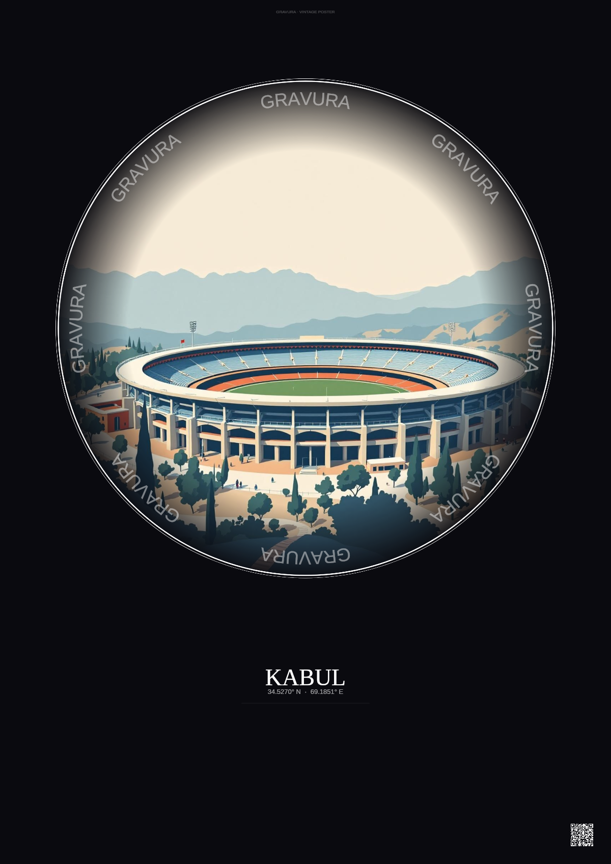 Affiche Kabul – Poster illustration vintage – Ghazi Stadium | Gravura – Fond foncé