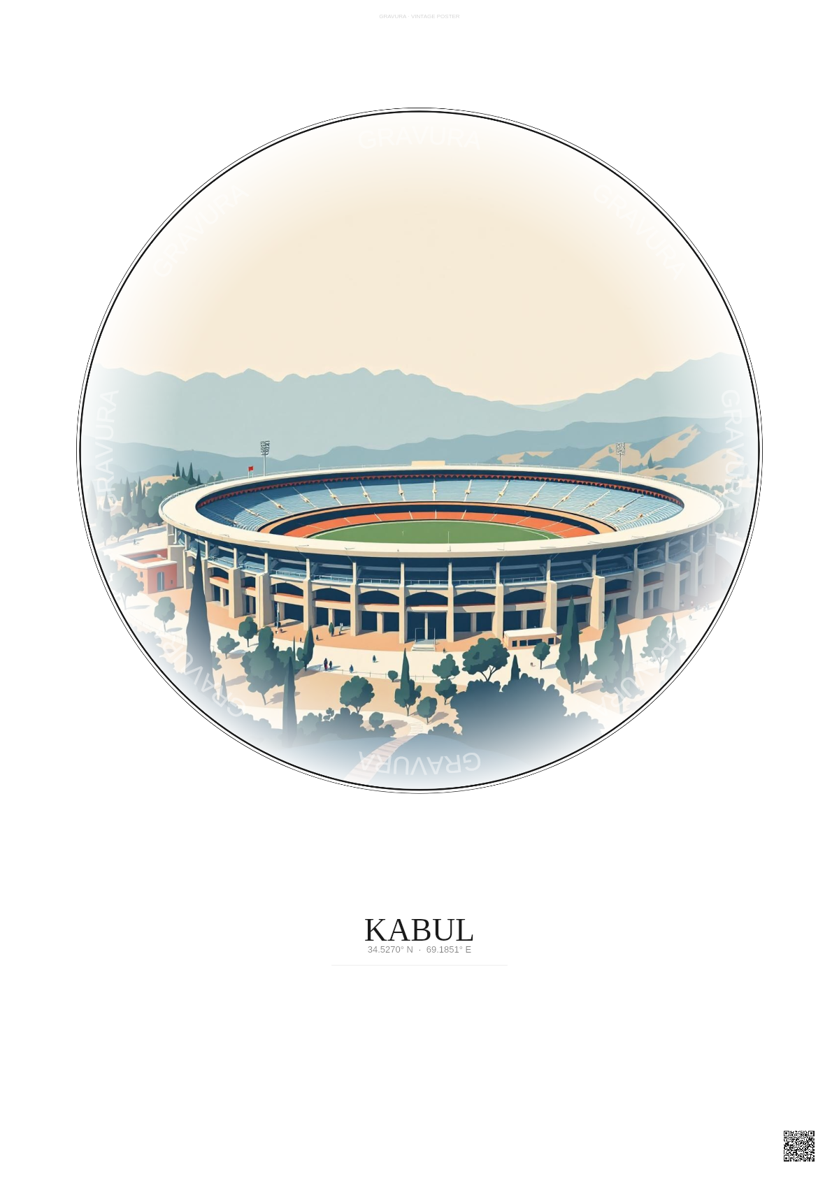 Affiche Kabul – Poster illustration vintage – Ghazi Stadium | Gravura – Fond clair