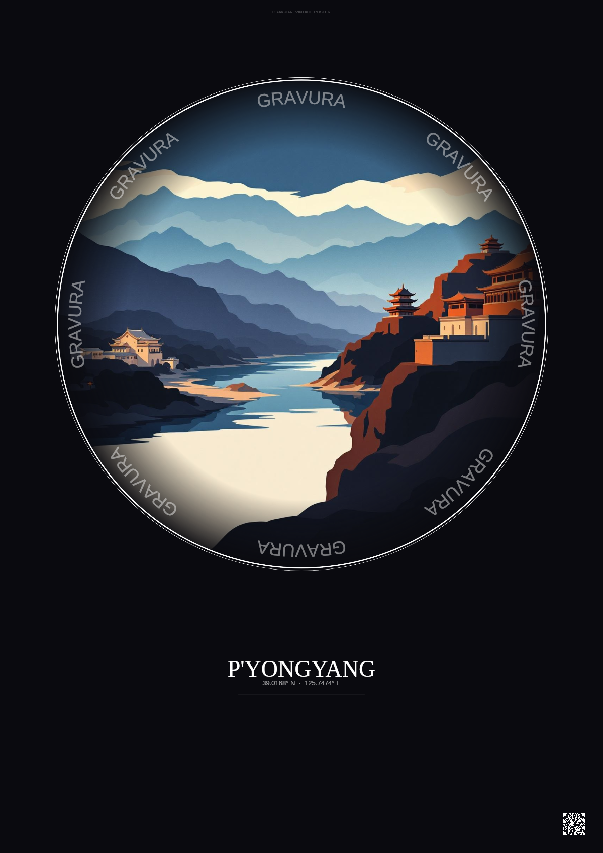 Affiche P Yongyang – Poster illustration vintage – Famous Viewpoint Of P Yongyang | Gravura – Fond foncé