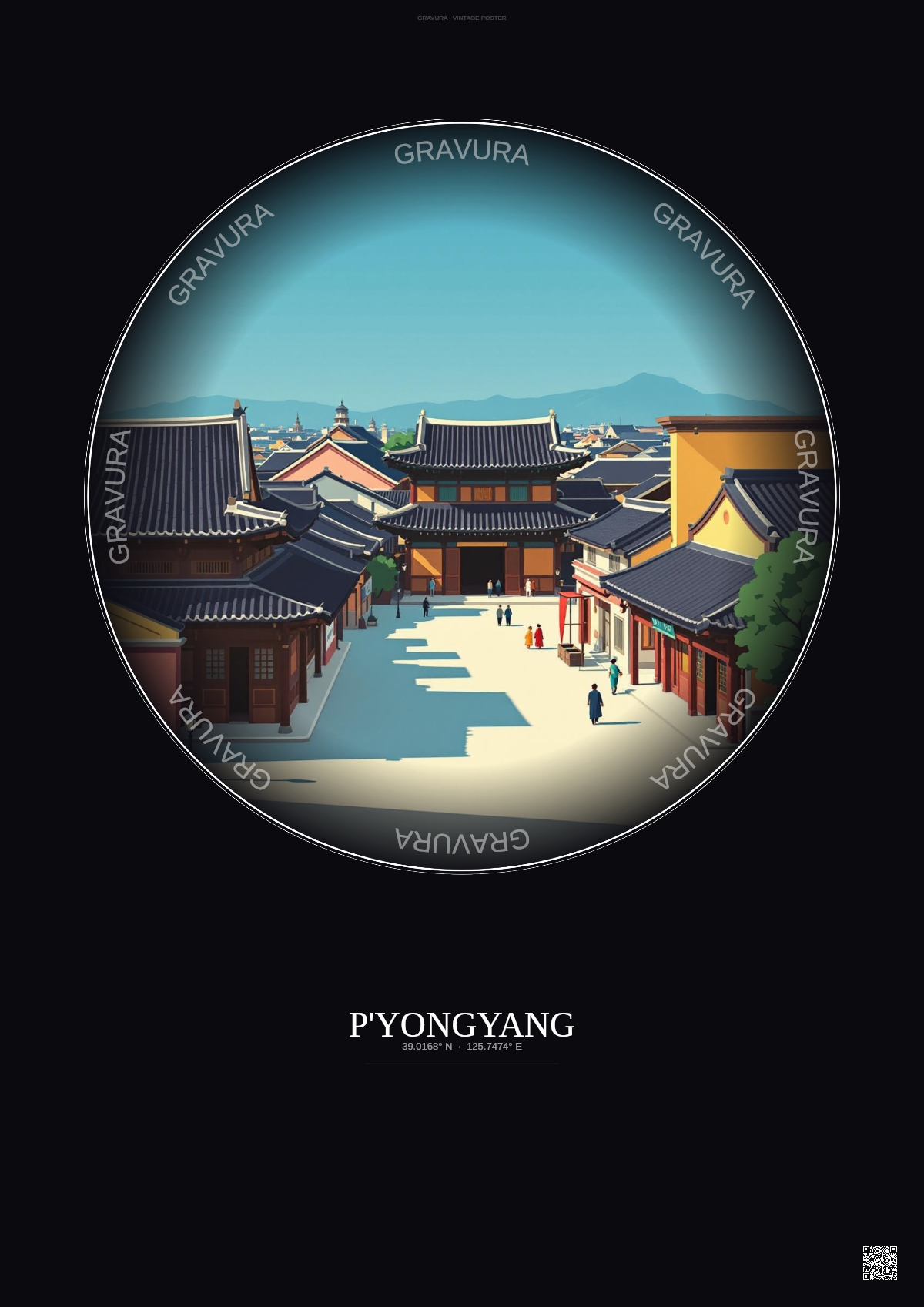 Affiche P Yongyang – Poster illustration vintage – Historic Old Town Of P Yongyang | Gravura – Fond foncé