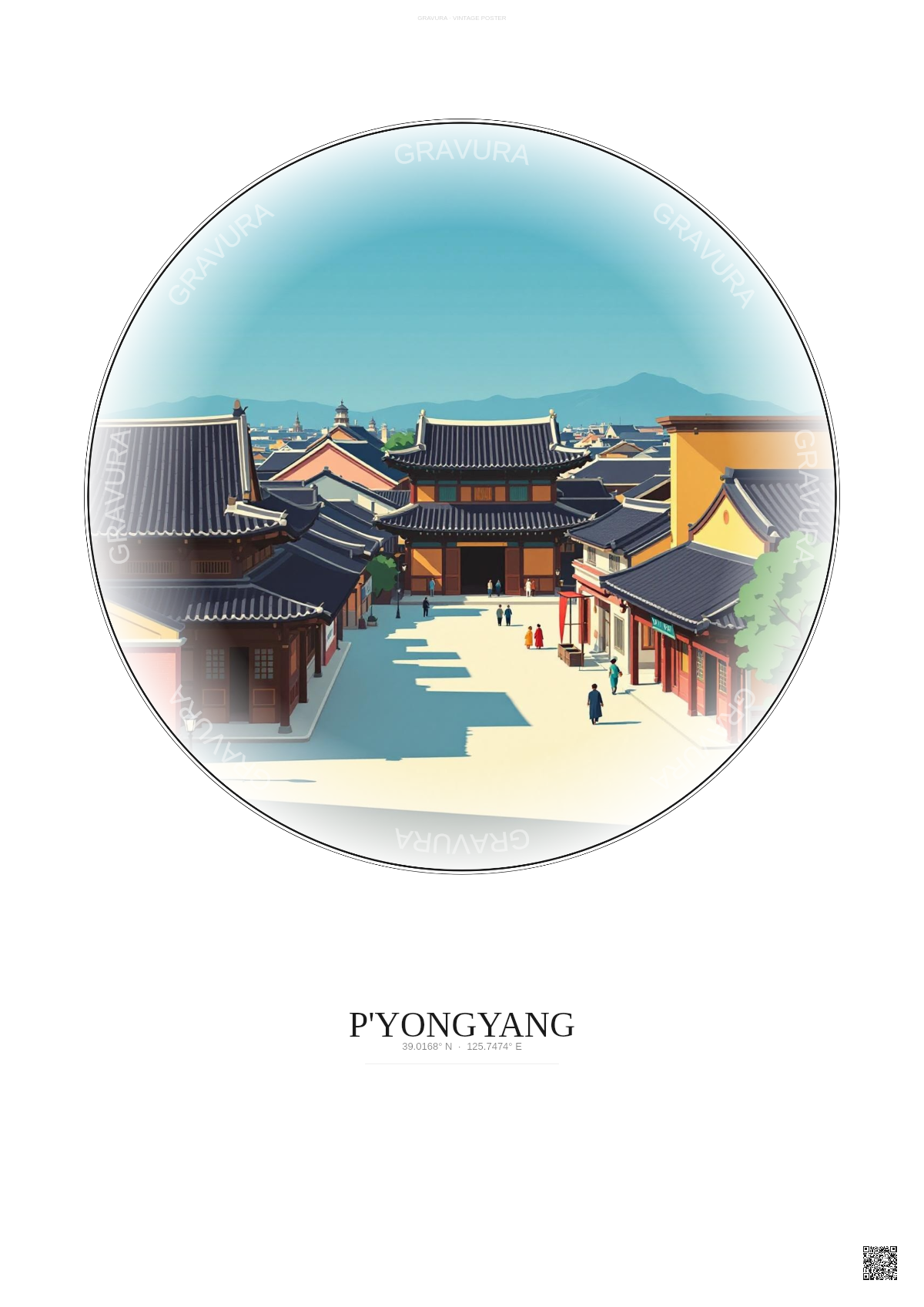 Affiche P Yongyang – Poster illustration vintage – Historic Old Town Of P Yongyang | Gravura – Fond clair