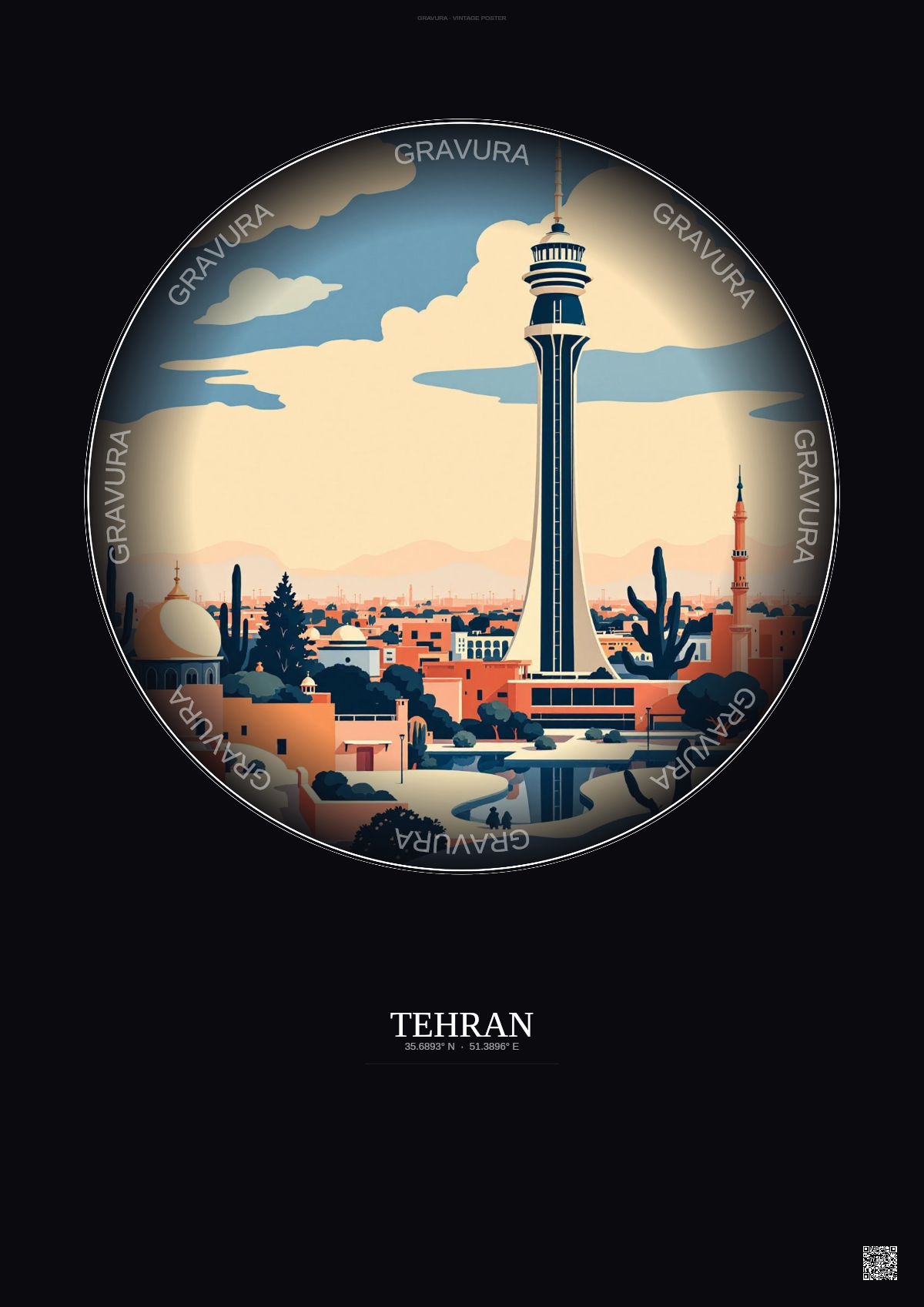 Affiche Tehran – Poster illustration vintage – Milad Tower | Gravura – Fond foncé