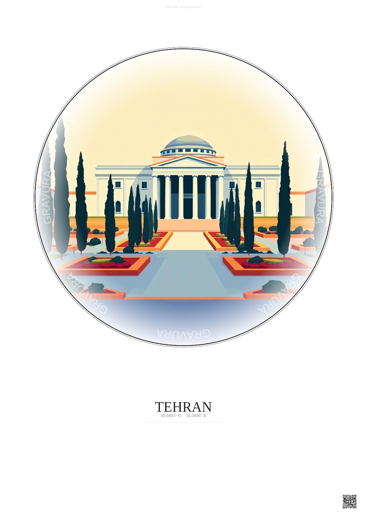 Affiche Tehran – Poster illustration vintage – University Of Tehran | Gravura – Fond clair