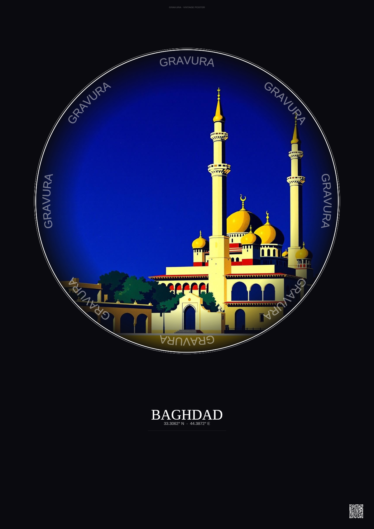 Affiche Baghdad – Poster illustration vintage – Al Kadhimiya Mosque | Gravura – Fond foncé