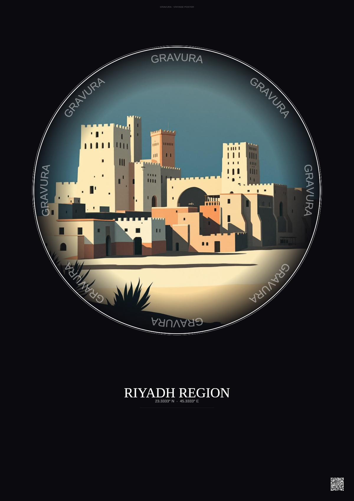 Affiche Riyadh Region – Poster illustration vintage – Historic Old Town Of Riyadh Region | Gravura – Fond foncé