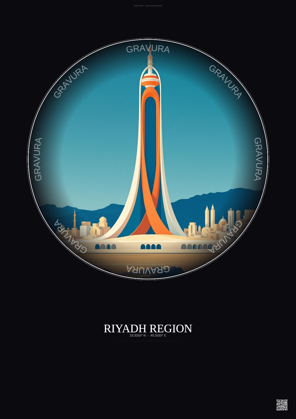 Affiche Riyadh Region – Poster illustration vintage – Most Iconic Landmark Of Riyadh Region | Gravura – Fond foncé