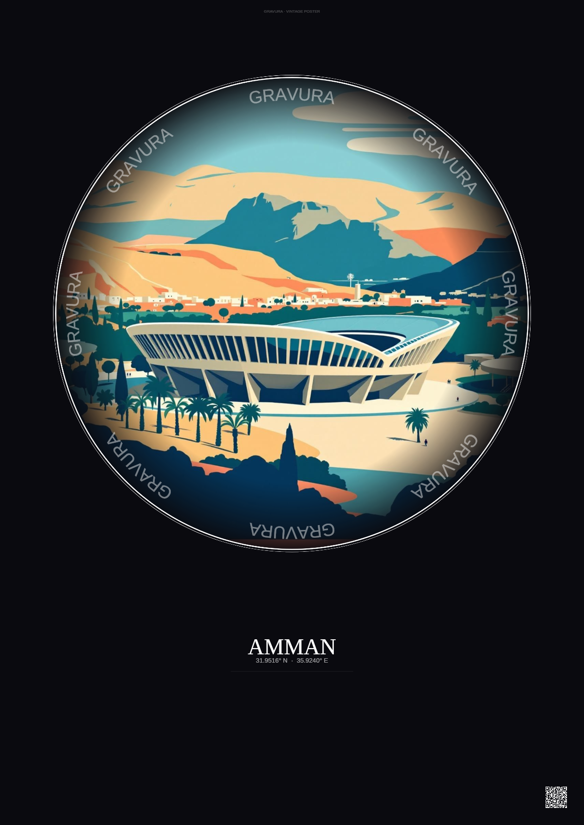 Affiche Amman – Poster illustration vintage – Amman International Stadium | Gravura – Fond foncé